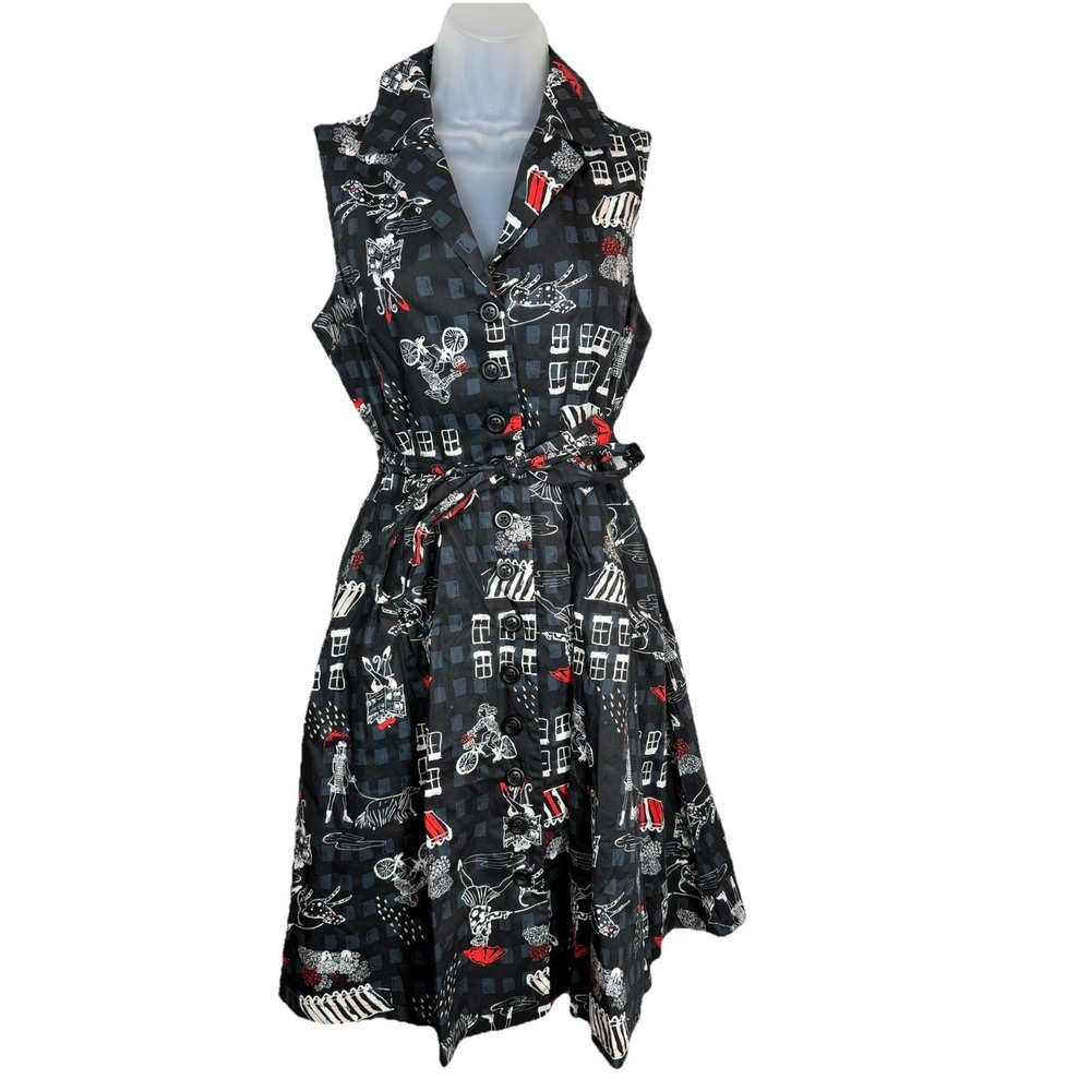 ModCloth Community Brunch Dress‎ Womens M Black Novelty Print Button Front Tie